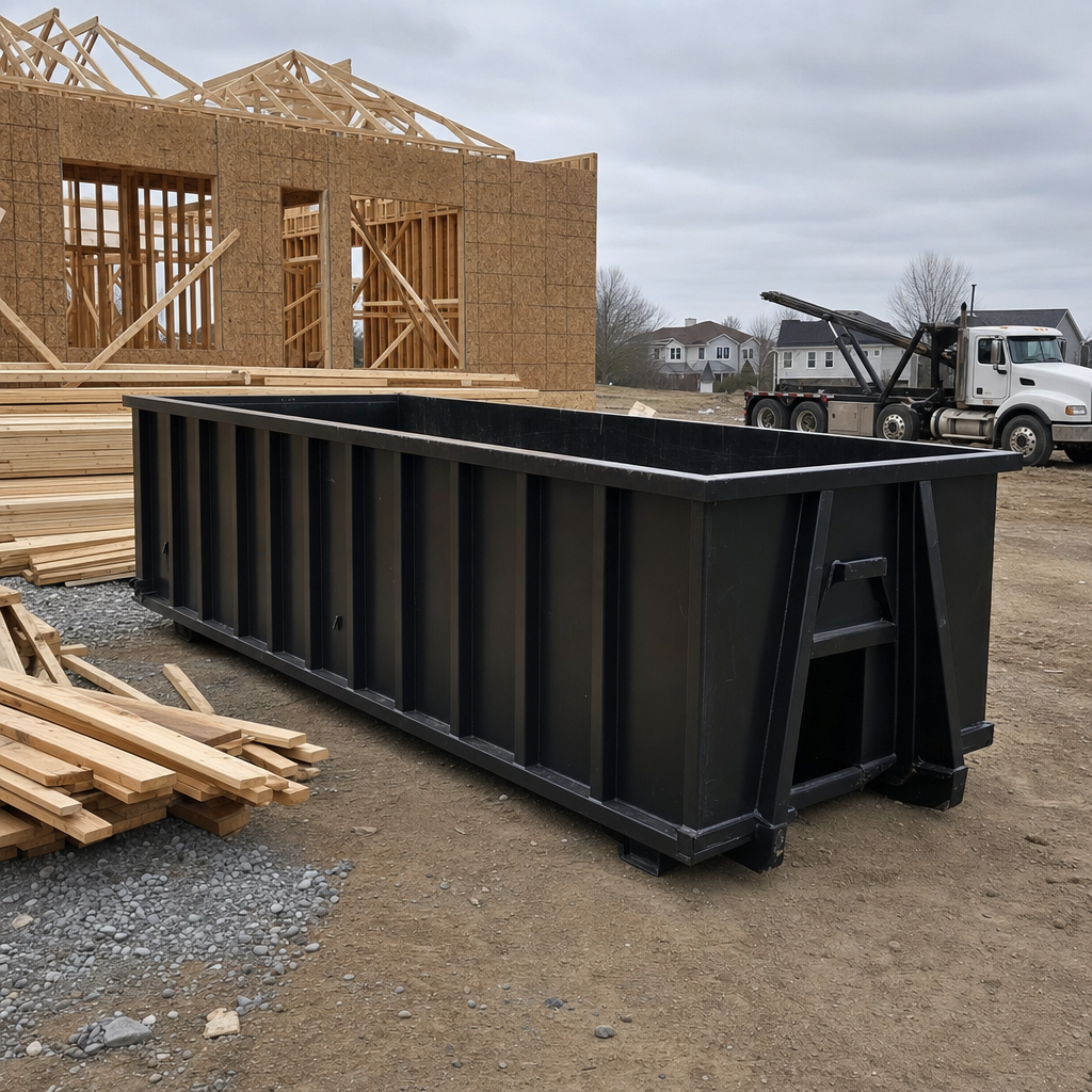 Matte-black 40-yard roll-off dumpster staged on a framed-out residential construction site in Miami Gardens, framing lumber stacked nearby, hooklift delivery truck visible in the background under bright Colorado daylight