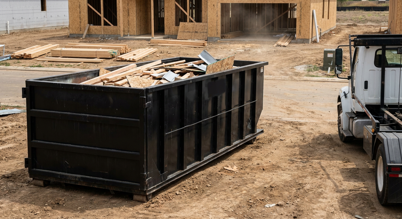 Matte-black 20-yard roll-off construction dumpster with heavy ribbed steel sidewalls and swing rear doors at a working jobsite in Miami Gardens, sitting directly on compacted dirt with an unmarked white hauler partially visible at the far edge of the frame.