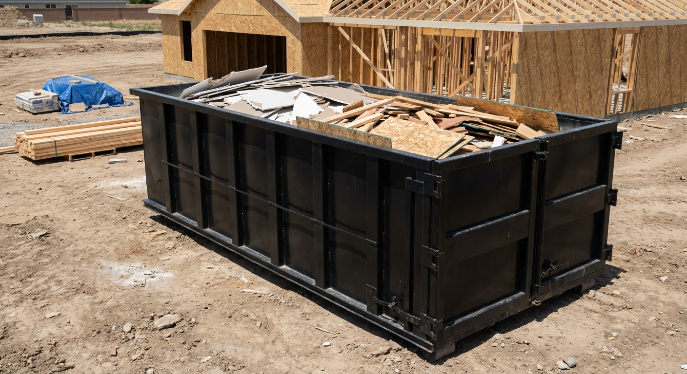 Matte-black 30-yard roll-off construction dumpster sitting directly on the compacted-dirt site of a framed single-family home build in Miami Gardens, drywall and lumber scrap loaded inside.