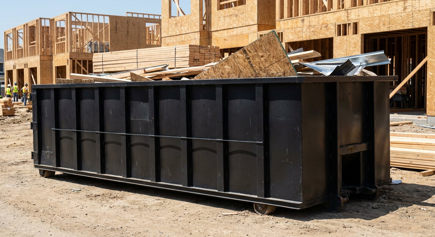 Matte-black 40-yard roll-off construction dumpster being lowered from a white-cab hooklift delivery truck onto the compacted-dirt jobsite at a commercial build site in Miami Gardens