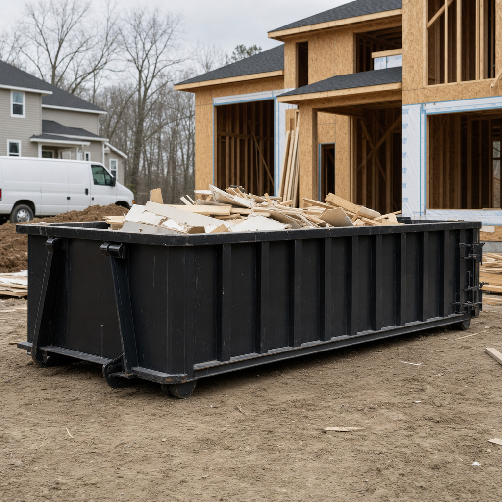 Worker in a yellow high-visibility vest tossing framing lumber and broken drywall into a matte-black 30-yard construction roll-off dumpster on an active build site in Miami Gardens, bright daylight