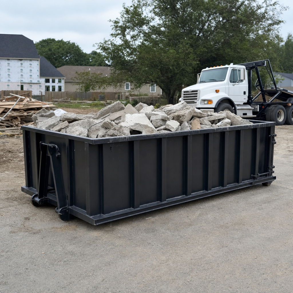 Low-profile matte-black lowboy roll-off dumpster loaded with broken concrete slab and rebar at a foundation tear-out in Miami Gardens, skid steer parked beside it, sunny Colorado morning