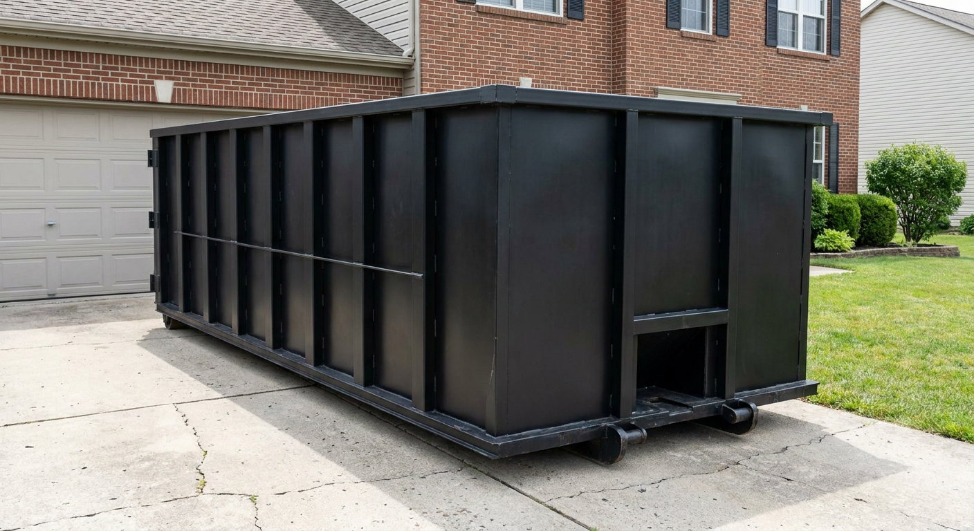 Matte-black 20-yard roll-off container on a Miami Gardens residential concrete driveway with reinforced ribbed steel sidewalls and a hinged rear walk-in door, clean bright daylight.