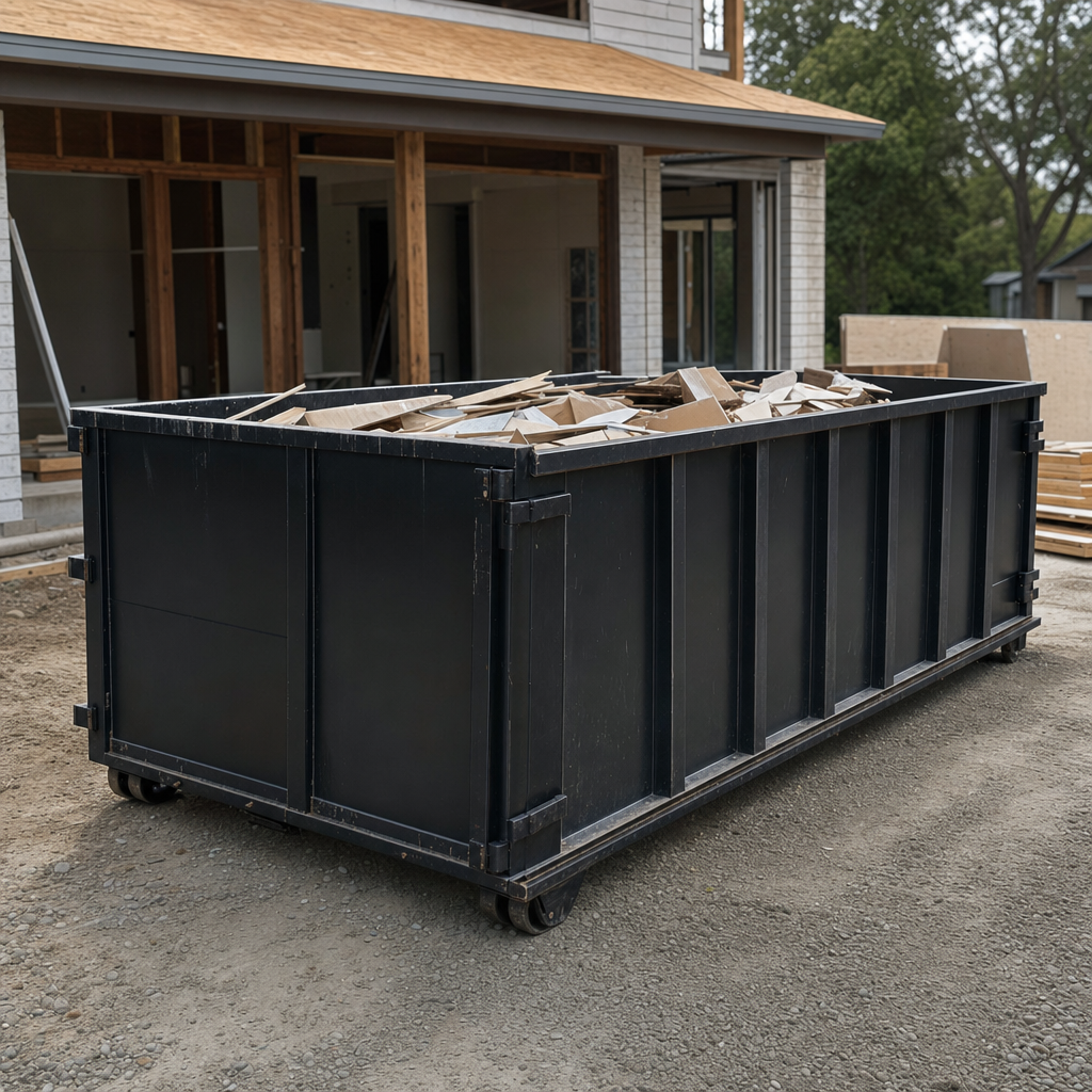 Large matte-black 30-yard construction roll-off dumpster at an active Miami Gardens jobsite, steel-gray top rails and bottom rollers visible, loaded with construction debris.