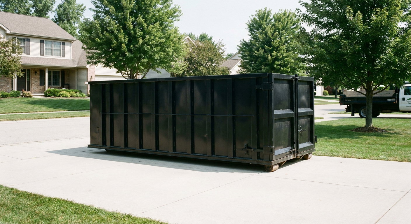 Matte-black 20-yard roll-off dumpster sitting level on a clean Miami Gardens residential concrete driveway under bright daylight, demonstrating clean placement directly on the concrete.