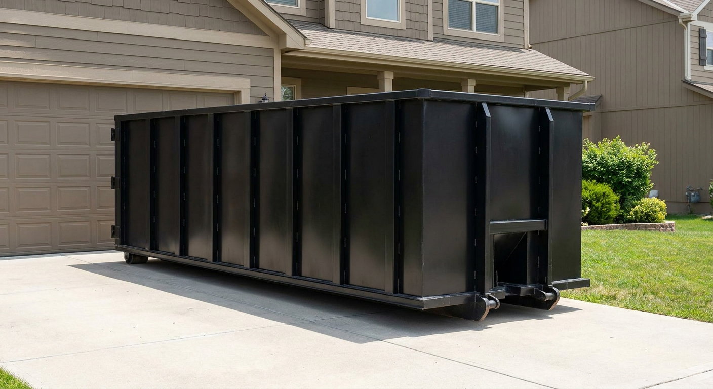 Matte-black residential roll-off dumpster sitting directly on a suburban Miami Gardens concrete driveway, garage door closed, single-family home in background, bright morning daylight.