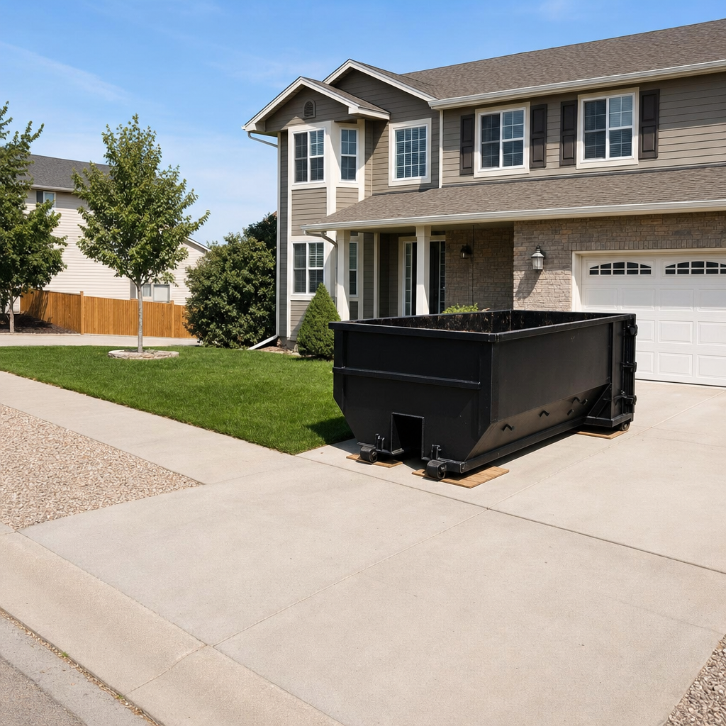 10-yard matte-black residential dumpster placed directly on a narrow Miami Gardens concrete driveway, room remains for a parked sedan beside it, mid-morning natural light