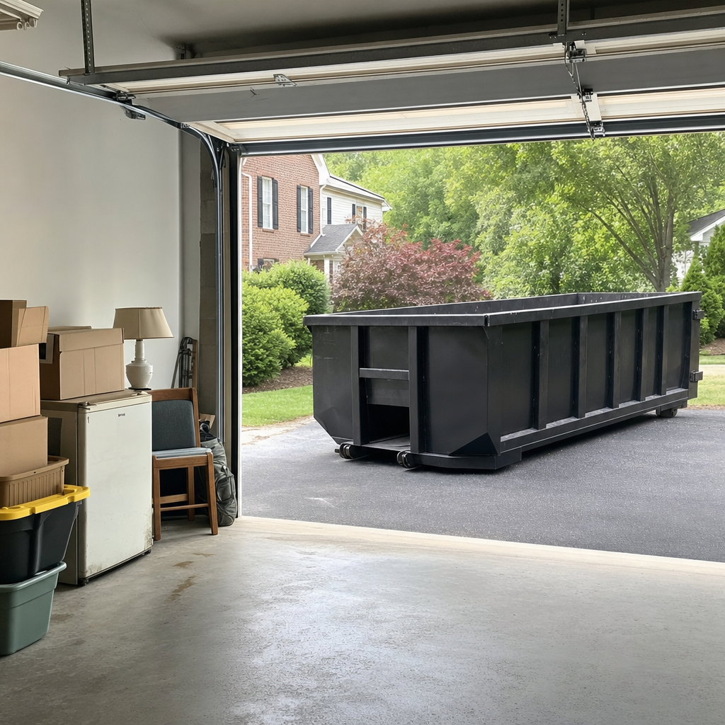 Open garage interior in a Miami Gardens home mid-cleanout — boxed items, an old appliance, and stacked yard tools queued near the driveway for a matte-black roll-off dumpster, organized and calm