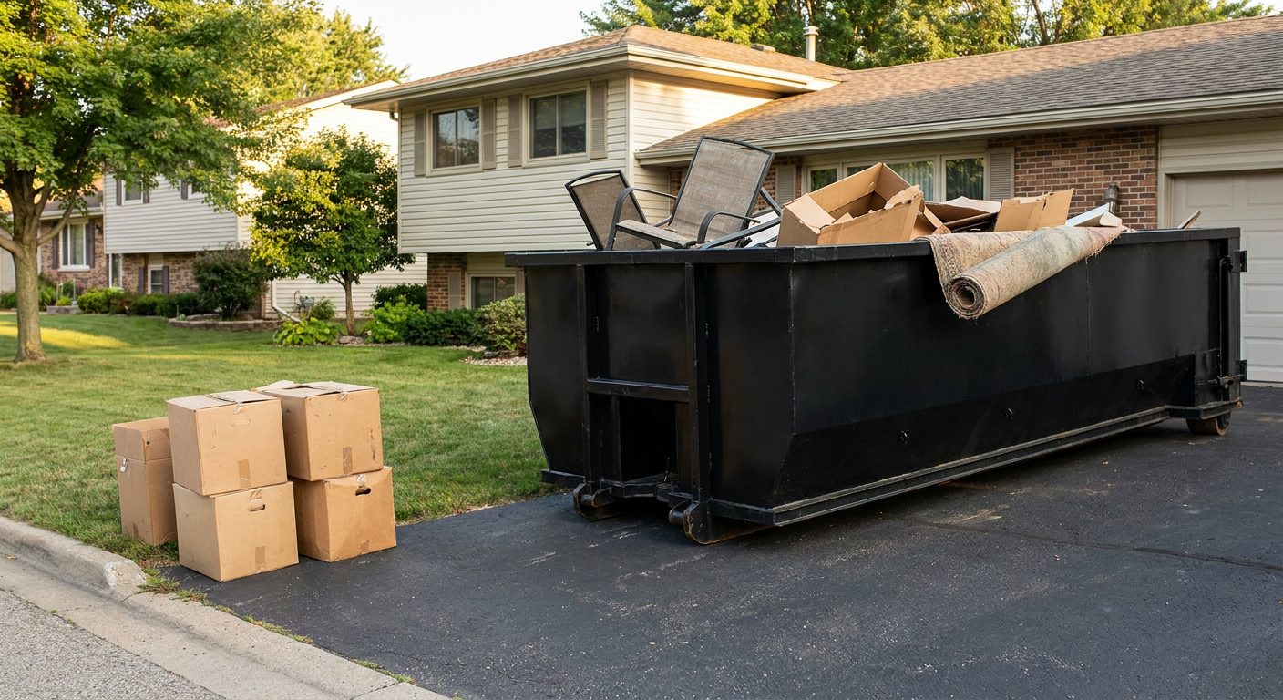 Front-yard view of a Miami Gardens split-level home with a 20-yard matte-black roll-off dumpster sitting directly on the asphalt driveway, a few clearly labeled donation boxes staged at the curb, calm sunny afternoon.