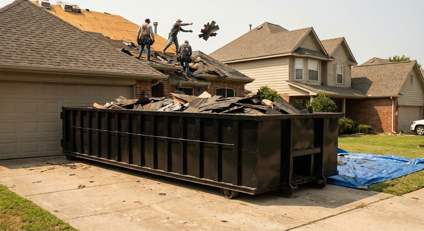 Matte-black roofing roll-off dumpster placed directly on a Miami Gardens residential concrete driveway, a tear-off crew on a two-story asphalt-shingle roof tossing shingle bundles into the low-walled container, bright daylight, documentary 35mm perspective.
