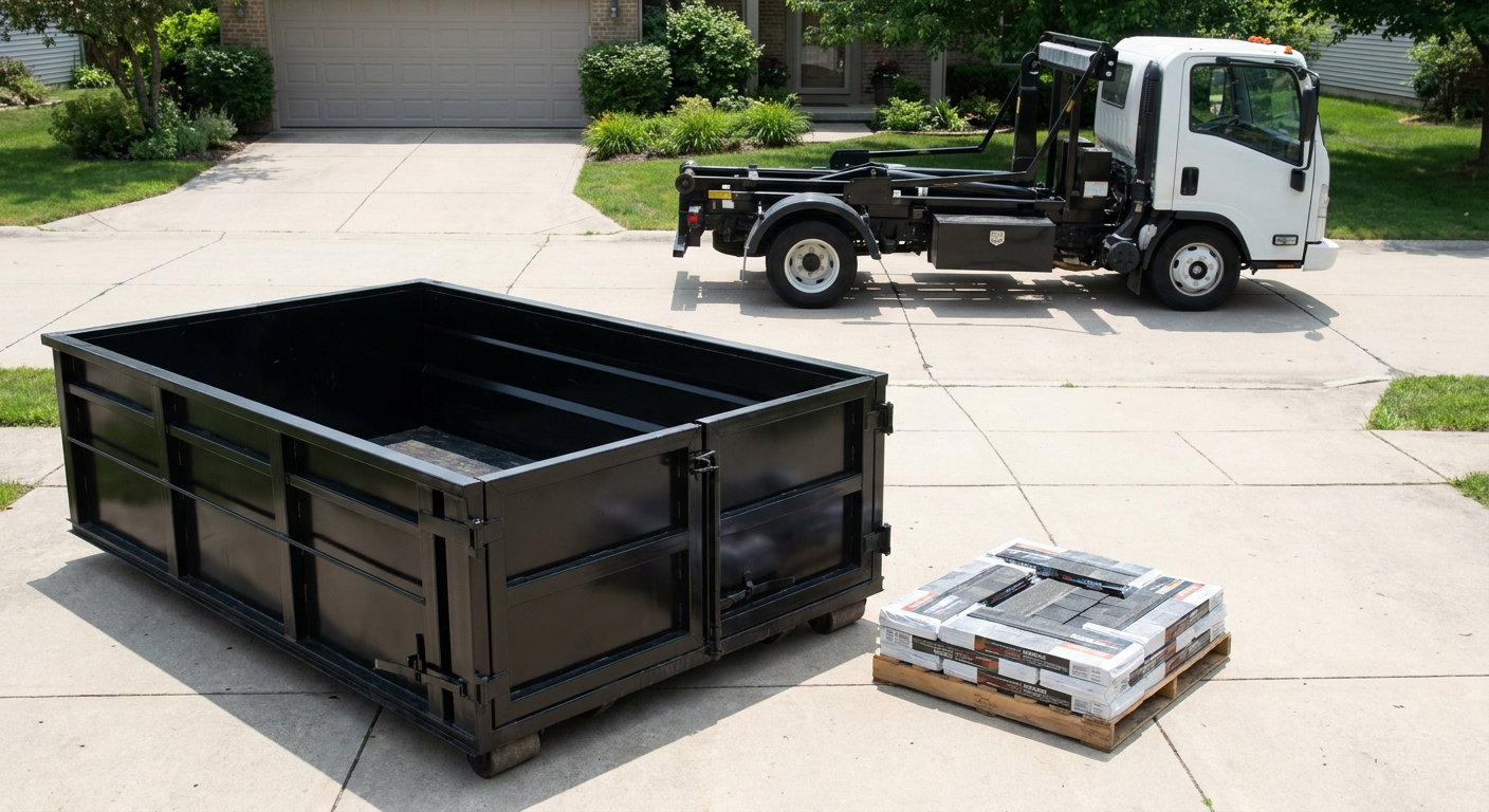 Matte-black 15-yard roofing roll-off dumpster with reinforced low side walls sitting directly on a Miami Gardens residential concrete driveway, three-tab asphalt shingle bundles stacked nearby, an unmarked white hauler truck partially visible at the edge of the frame.