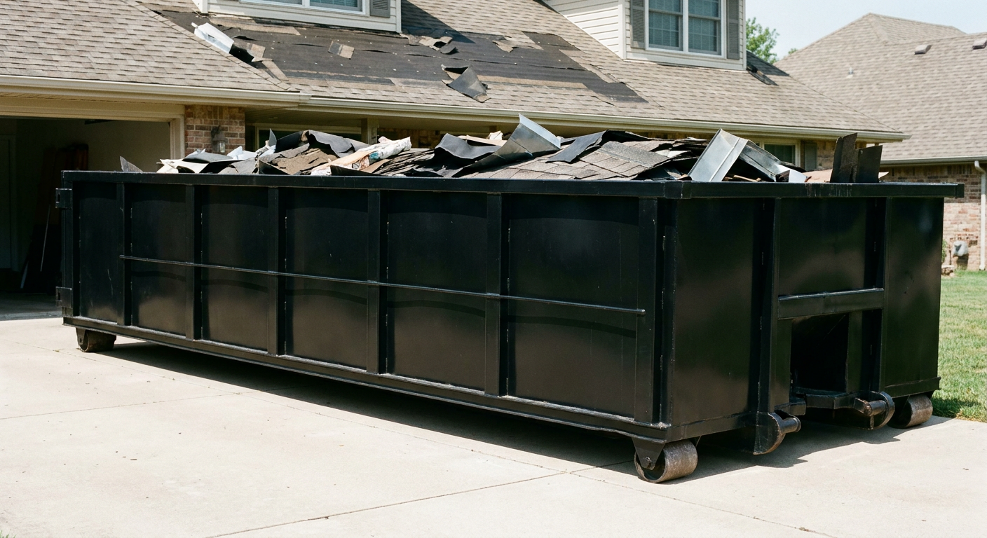 Matte-black 20-yard roofing roll-off dumpster with steel ribbed sides and swinging rear door, sitting directly on the concrete driveway of a two-story Miami Gardens home, asphalt shingle debris being loaded over the low wall, clean documentary lighting.