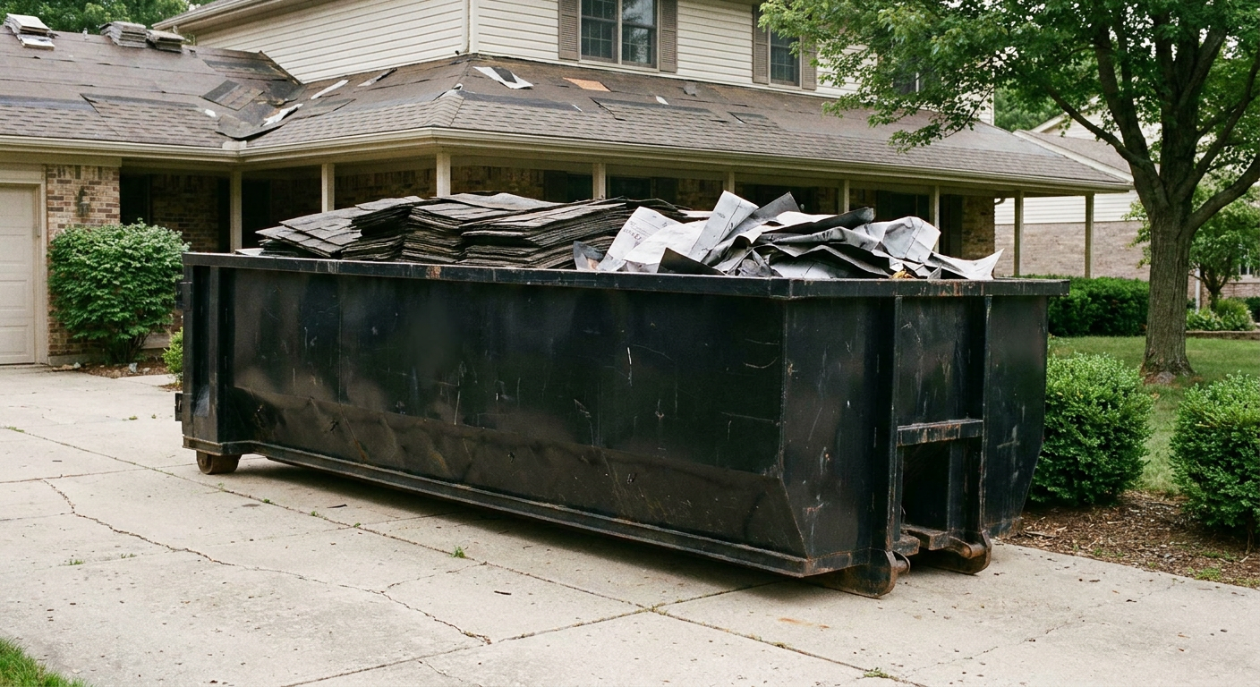 Matte-black 30-yard roofing roll-off dumpster sitting directly on a Miami Gardens concrete driveway, taller ribbed steel side panels, mixed tear-off debris of asphalt shingles and underlayment inside, professional documentary daylight.