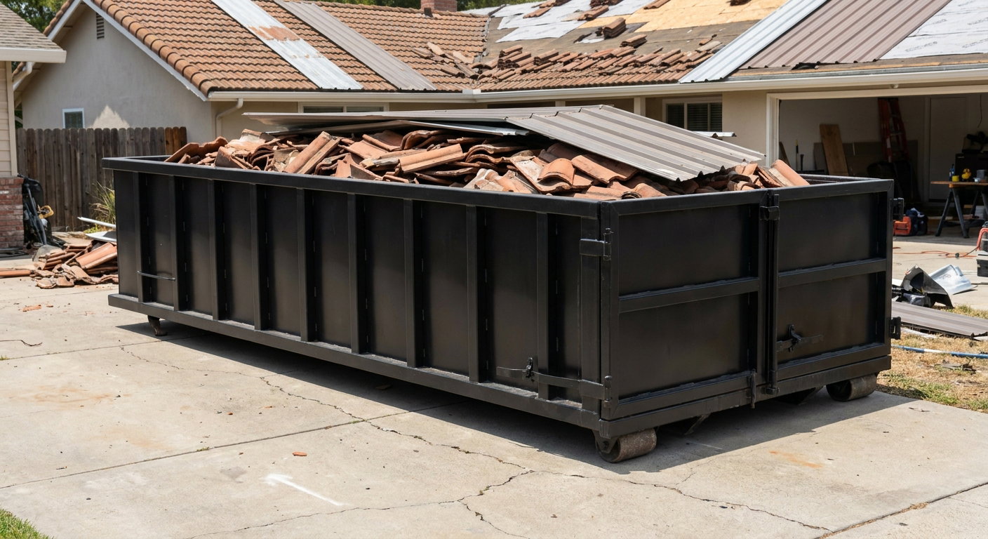 Matte-black low-wall heavy-debris roofing roll-off dumpster sitting directly on a Miami Gardens concrete driveway, broken concrete clay roof tiles and metal panel sections loaded inside, reinforced ribbed steel side walls visible, bright outdoor daylight.