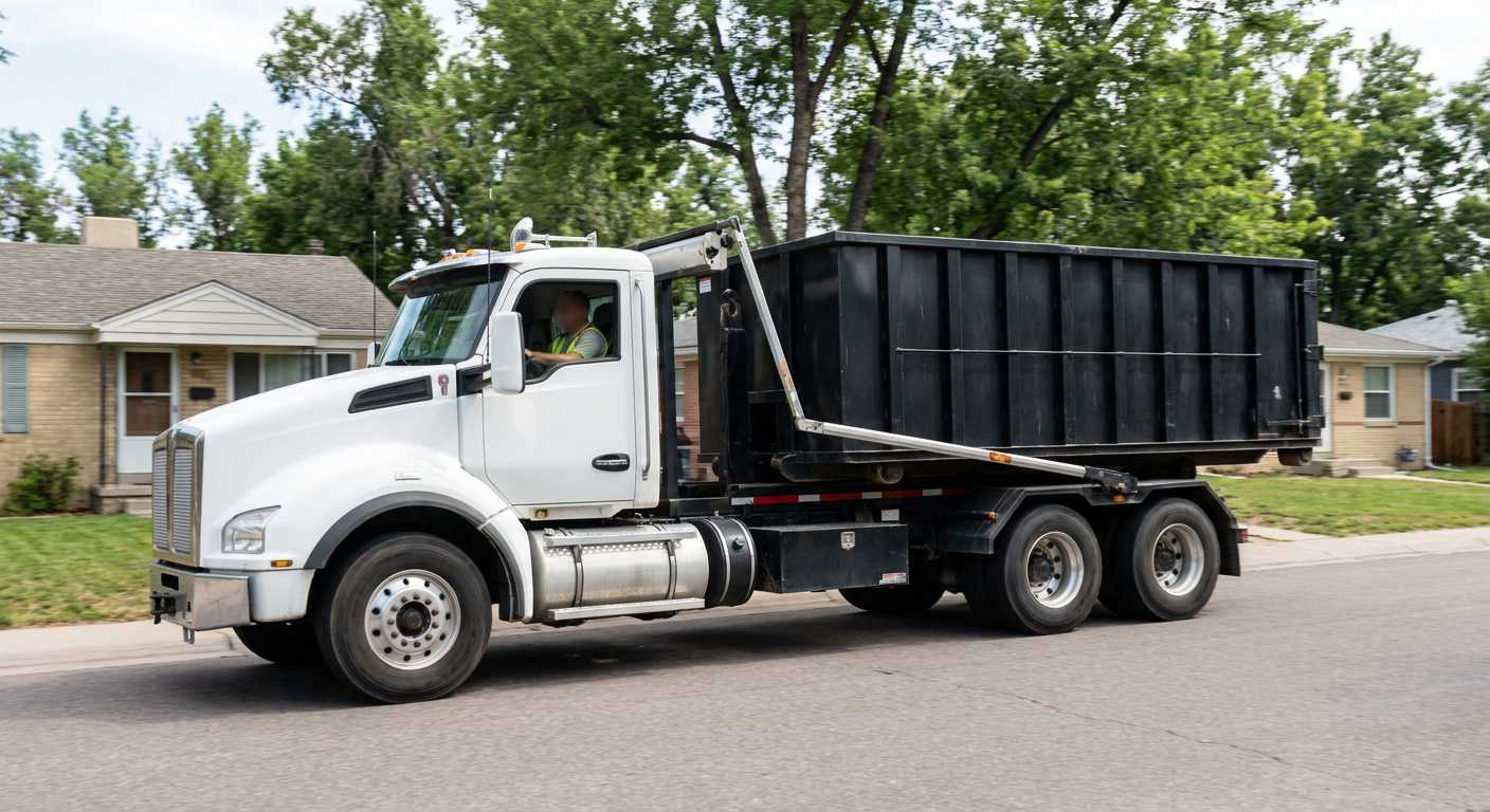 A wide documentary shot of a matte-black roll-off delivery truck pulling onto a quiet Miami Gardens residential street at mid-morning, with neighborhood rooftops and tree-lined blocks visible behind, showing the metro coverage footprint.