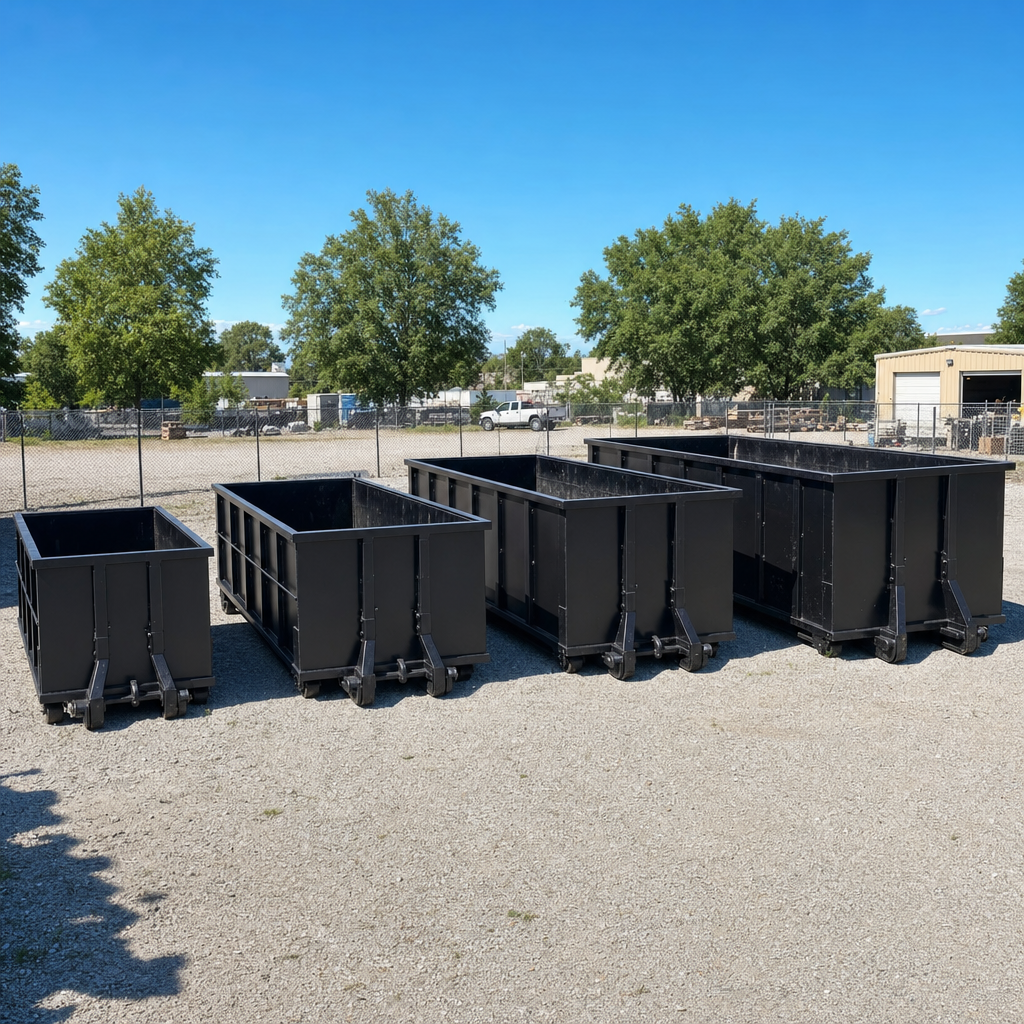 A clean lineup of matte-black roll-off dumpsters in 10, 20, 30, and 40-yard sizes staged on a sunlit gravel yard in Miami Gardens, showing the size progression from compact to commercial-scale containers.