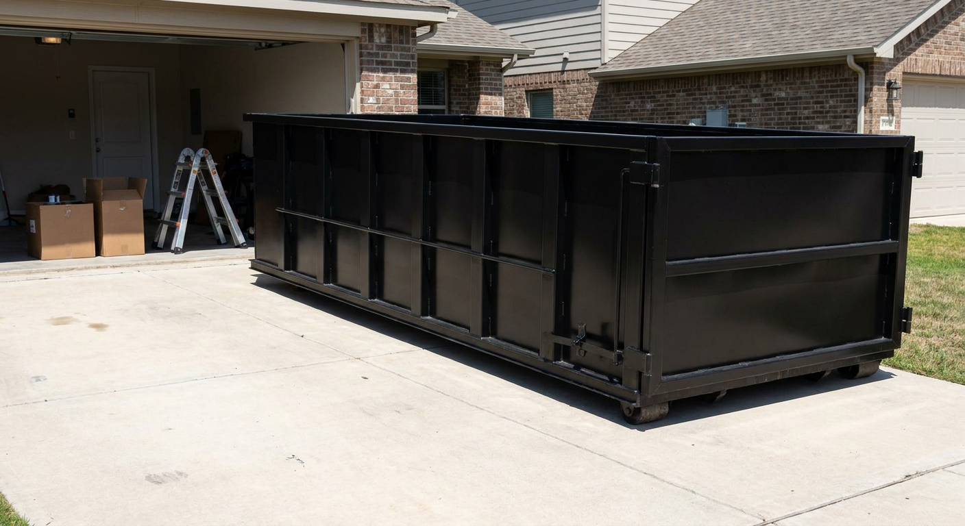 A matte-black 10-yard roll-off dumpster sitting directly on a residential Miami Gardens concrete driveway, mid-day sunlight, clean and ready for a garage cleanout.