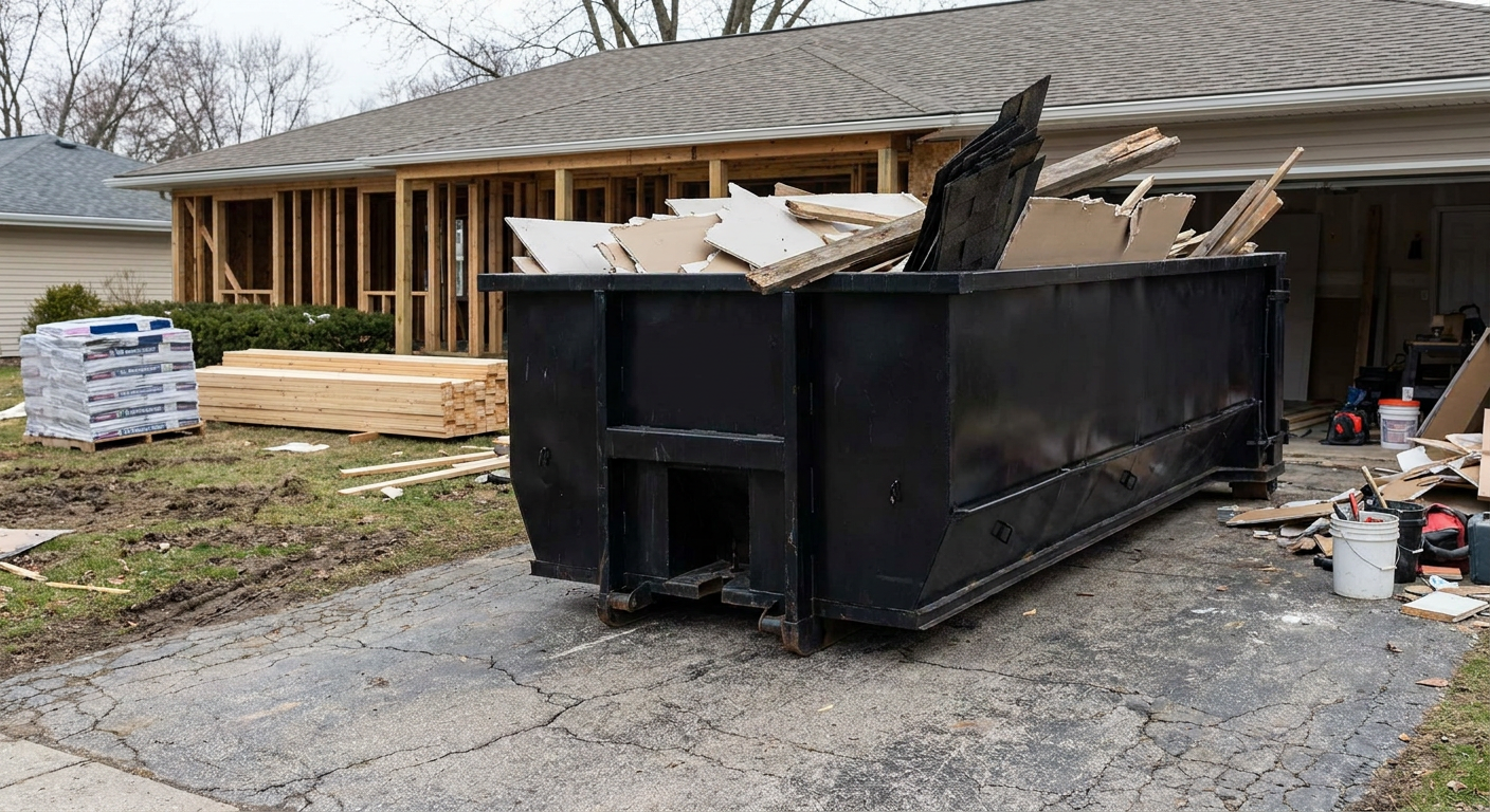 A matte-black 20-yard roll-off dumpster placed alongside a mid-renovation Miami Gardens home directly on the asphalt driveway, with framing materials and torn-off shingles staged neatly nearby.