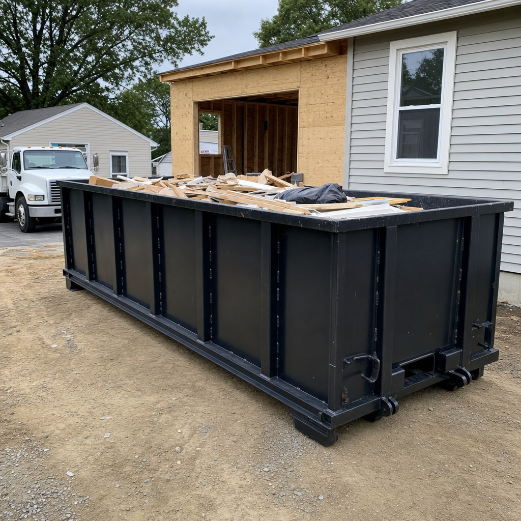 A matte-black 30-yard roll-off dumpster positioned at a Miami Gardens residential addition jobsite, with framing lumber and drywall scraps loaded through the open swinging rear doors.