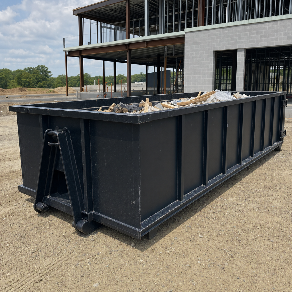 A matte-black 40-yard roll-off dumpster staged on a large Miami Gardens commercial construction lot, with a hooklift delivery truck parked alongside under bright midday sky.
