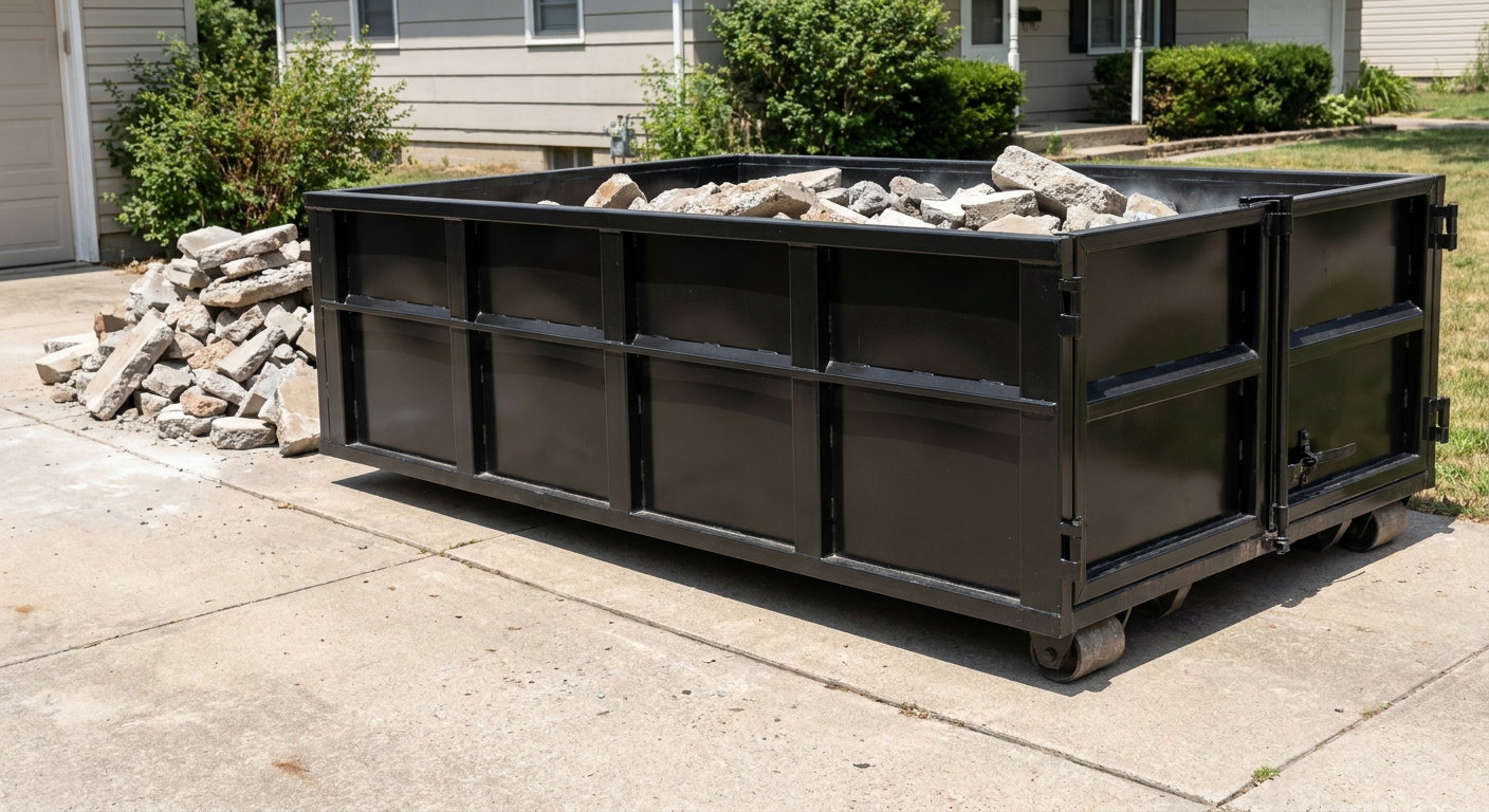 A matte-black low-side heavy-debris roll-off dumpster placed directly on a Miami Gardens concrete driveway, with broken concrete chunks neatly stacked beside it under clean daylight.